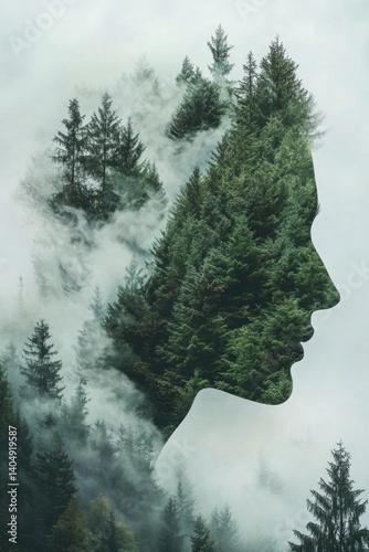 Woman profile emerging from misty conifer forest double exposure