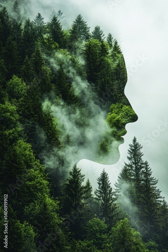 Profile of woman emerging from misty forest depicting harmony with nature