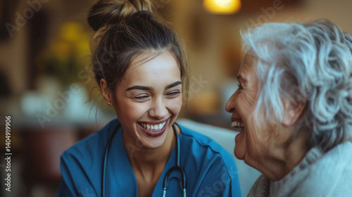 A home health care worker assists an elderly woman in her home A home health care worker assists an elderly woman in her home / Healthcare aide / Medical assistant