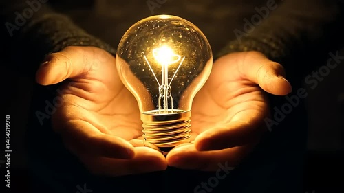 Human hands cupping bright bulb. A strong light radiates from the glass. Symbolizes innovation