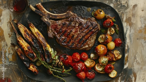 Succulent grilled ribeye steak served with roasted vegetables assortment