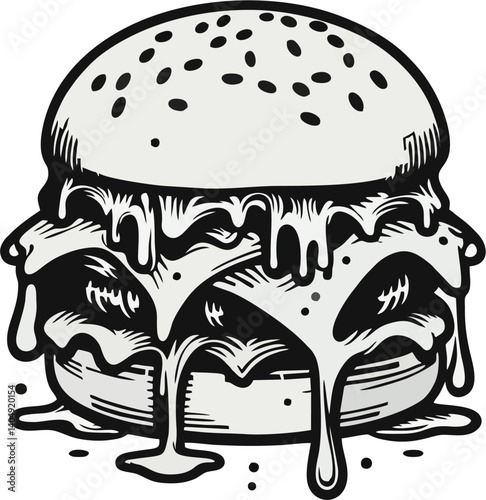 black and white illustration of a burger