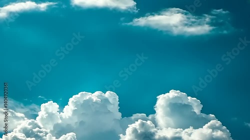 Fluffy white clouds contrast against the bright blue sky on a summer's day, abstract view