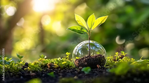 Sprout in glass globe on lush mossy earth glows under soft sunlight, symbolizing growth and nature's resilience
