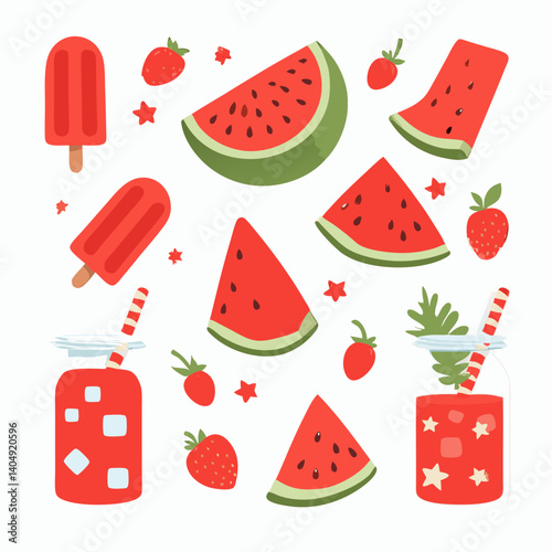 Summer Refreshment Delights: Vibrant illustration of summer fruits and treats, featuring refreshing watermelon slices, juicy strawberries, and icy popsicles.