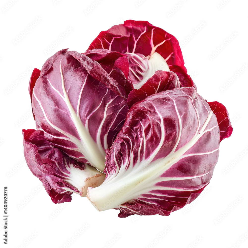 Obraz premium Fresh red radicchio isolated on a white background showcasing vibrant leaves and texture, Fresh red radicchio isolated on white background