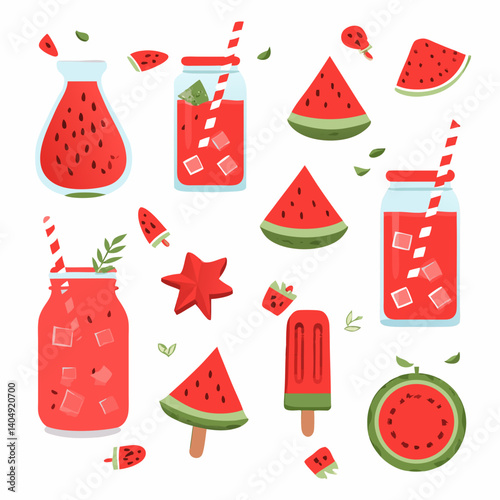 Watermelon Illustration: Delightful illustrations of watermelon slices,  watermelon juice in mason jars, and a watermelon popsicle are ready for your summer designs.