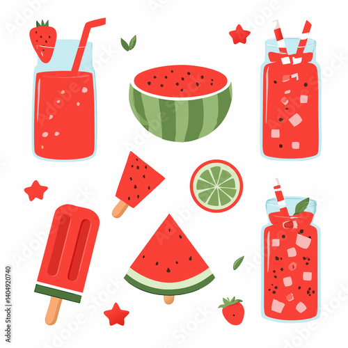  Refreshing Summer Delights: A vibrant array of summer treats and beverages, including watermelon slices, refreshing smoothies, and cool popsicles.