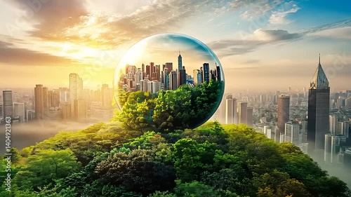 Cityscape encapsulated in a glass sphere, sitting atop lush greenery, merging nature and urban life
