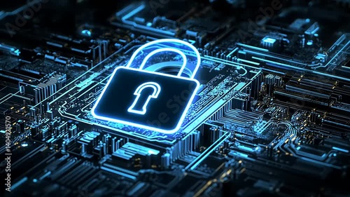 Secure circuit board with glowing padlock overlay depicts digital safety, cybersecurity