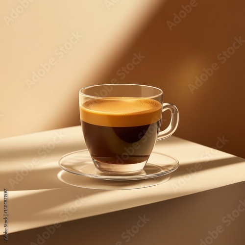 Elegant espresso presentation in glass cup under gentle light streams