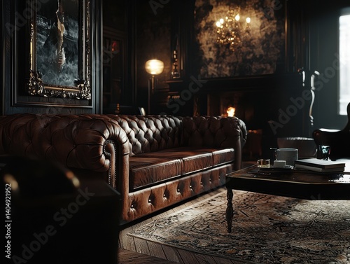 A richly textured interior featuring a classic leather sofa, ornate rug, and warm lighting evokes an atmosphere of refined comfort and style.