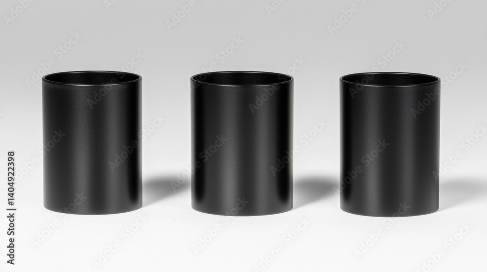 Three identical black cylindrical objects arranged in a row. Three identical black cylindrical objects arranged in a row.