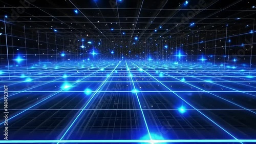 Blue glowing grid, digital landscape with star-like sparkles, perspective and depth
