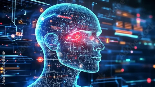 Futuristic representation of a human head with circuit-like elements and glowing lights