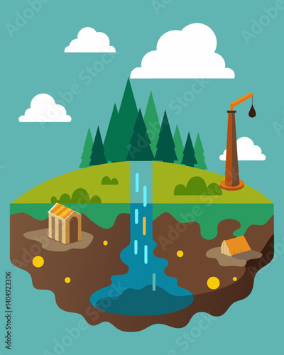 A noisome discharge of landfill leachate slowly poisoning the surrounding soil and water sources.. Vector illustration