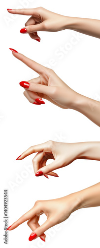 A PNG set of 4 women hands with the red nails in positions of holding imaginary object or pointing to something. Object placeholder creative idea. Gesture concept.