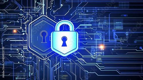 Secure digital network with vibrant blue circuits, a central hexagonal shield, and a keyhole symbol