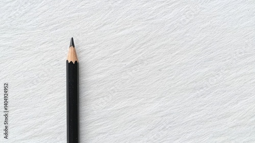 A black pencil with a wooden top rests on a white surface.