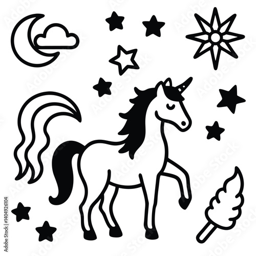 Black stallion and pony silhouette vector illustration of running equine mammals