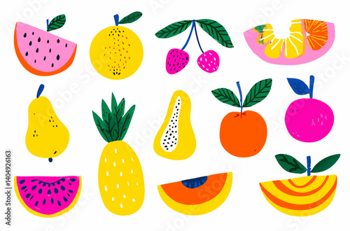A Medley of Vibrant Fruits: A colorful illustration showcasing an assortment of appetizing and fresh fruits, artistically arranged to celebrate nature's delicious bounty.