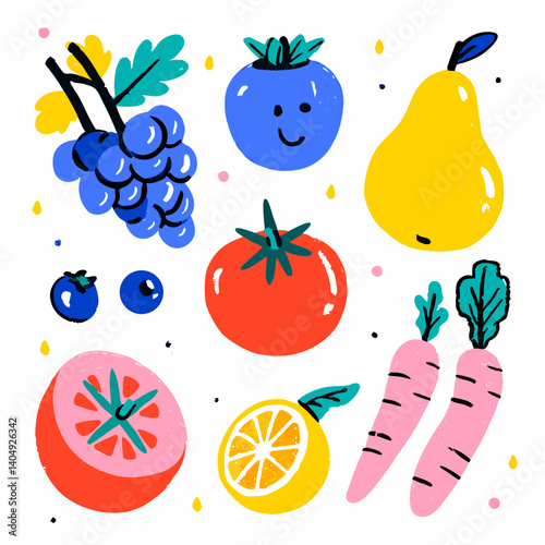 Colorful Fruit Collection: An artistic assortment of hand-drawn fruits, showcasing vibrant colors and playful designs, perfect for evoking freshness and a sense of natural abundance.