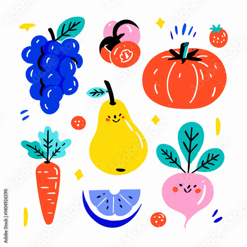 Fruits and Vegetables Illustration: A vibrant illustration featuring a cheerful collection of fresh fruits and vegetables. The image is a delightful mix of colors and shapes.