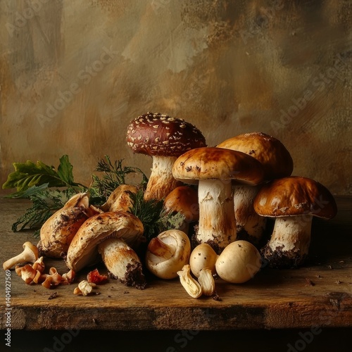 Boletus, mushrooms on wood.