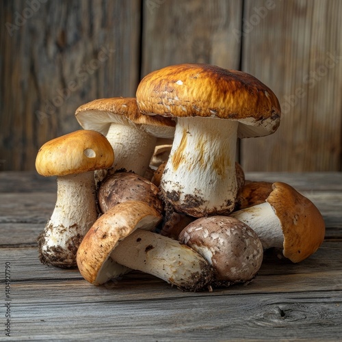 Wood table with mushrooms.