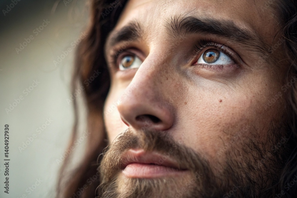 Obraz premium close-up portrait of jesus christ with emotional upward gaze depicting faith hope and spiritual devotion religious artwork 