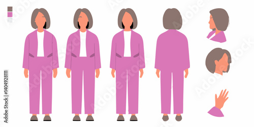 Flat Character Design of Mature Woman in Pink Suit – Front, Back & Side Views

