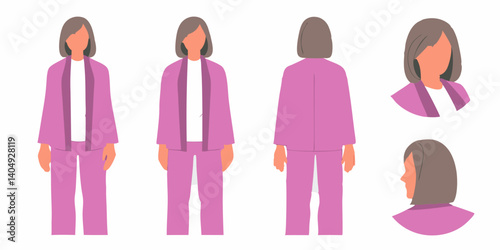 Vector Illustration of Middle-Aged Woman Character in Pink Outfit – Multiple Angles

