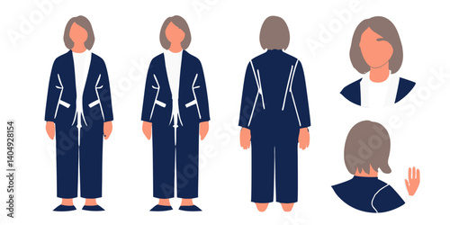 Flat Character Design of Middle-Aged Woman in Navy Blue Outfit – Turnaround and Expression Set

