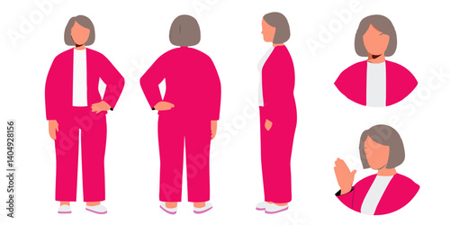 Flat Vector Character Design – Middle-Aged Woman in Pink Business Outfit (Front, Side, Back, Expressions)

