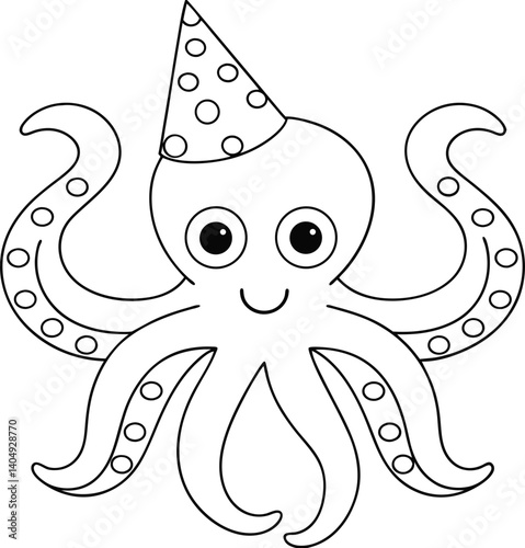  octopus with party hats on each tentacle for coloring book
