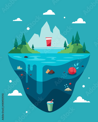 In place of crystalclear waters there are layers of floating garbage and plastic that make it seem like an otherworldly and dismal landscape.. Vector illustration
