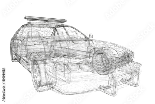 A car with a police light on top of it. The car is drawn in black and white