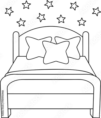 simple bed with pillows and stars above for coloring book