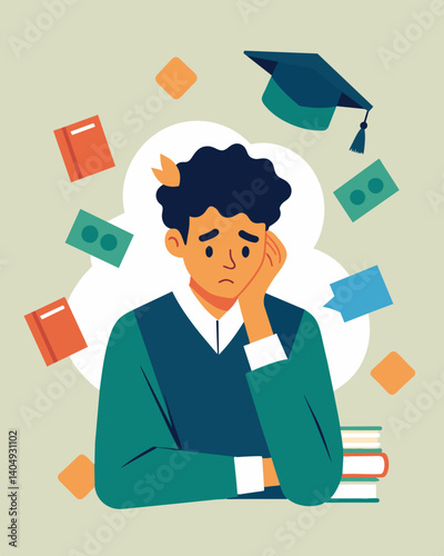 A young college graduate drowning in student loan debt feeling hopeless and ped in a cycle of unpaid bills.. Vector illustration