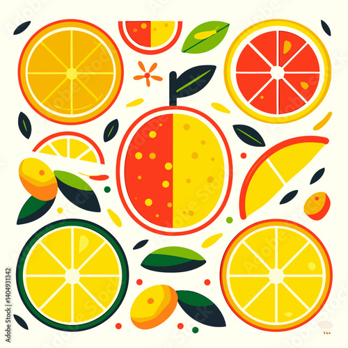 Citrus Burst: A vibrant and cheerful illustration featuring a medley of citrus fruits—oranges, grapefruits, and limes—arranged in a visually appealing and appetizing pattern.
