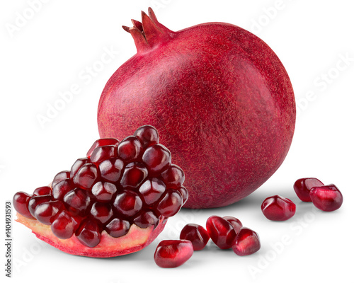 Pomegranate isolated png. Pomegranate with chunk and seeds on white or transparent background. Whole and broken pomegranate piece no background composition. Perfect retouched transparent png.