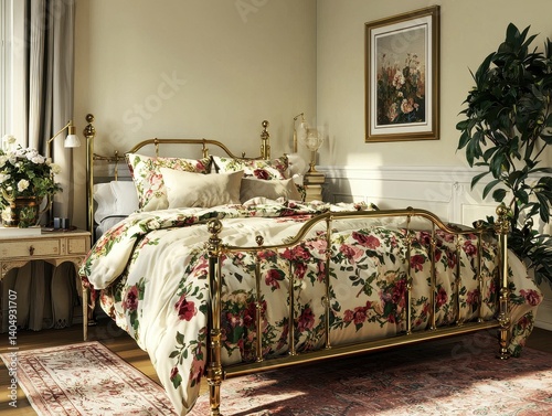 Elegant bedroom featuring a brass bed with floral bedding, complemented by classic decor and warm lighting for a cozy atmosphere.