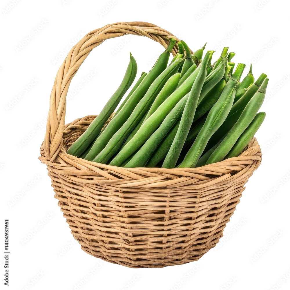 Freshly sliced long beans in a woven basket on a clean Transparent background, Slice long beans in basket isolated on PNG background Freshly sliced long beans in a woven basket on a clean Transparent background, Slice long beans in basket isolated on PNG background