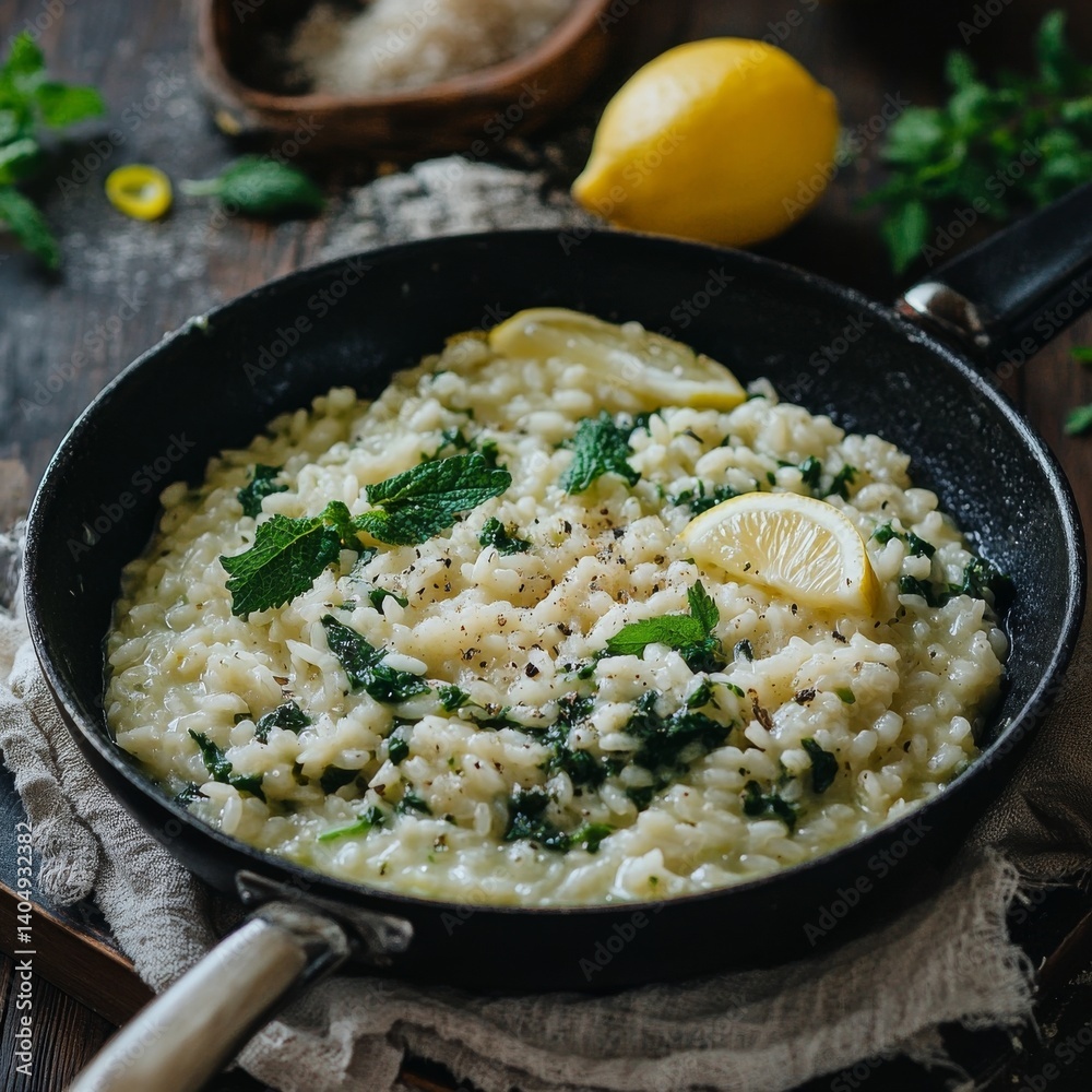 Nettle lemon risotto, pan-fried.
