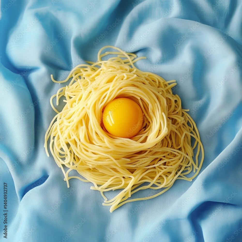 Raw spaghetti with eggs on blue.