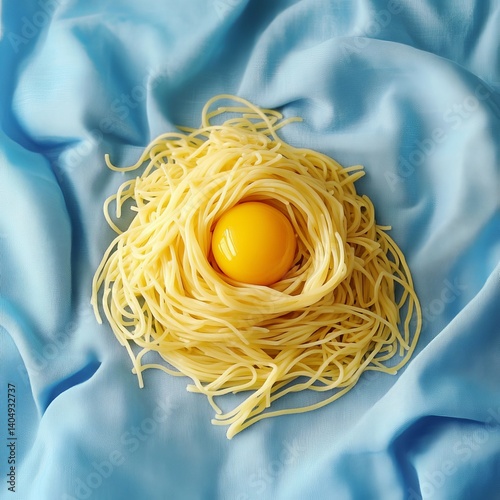 Obraz na płótnie Raw spaghetti with eggs on blue. w salonie