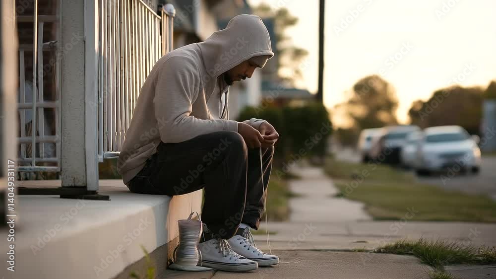 A worker mending a jacket on a stoop in evening light A worker mending a jacket on a stoop in evening light