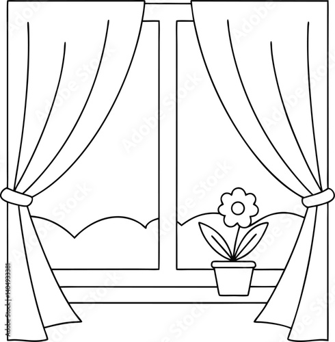 window with curtains and flower pot for coloring book