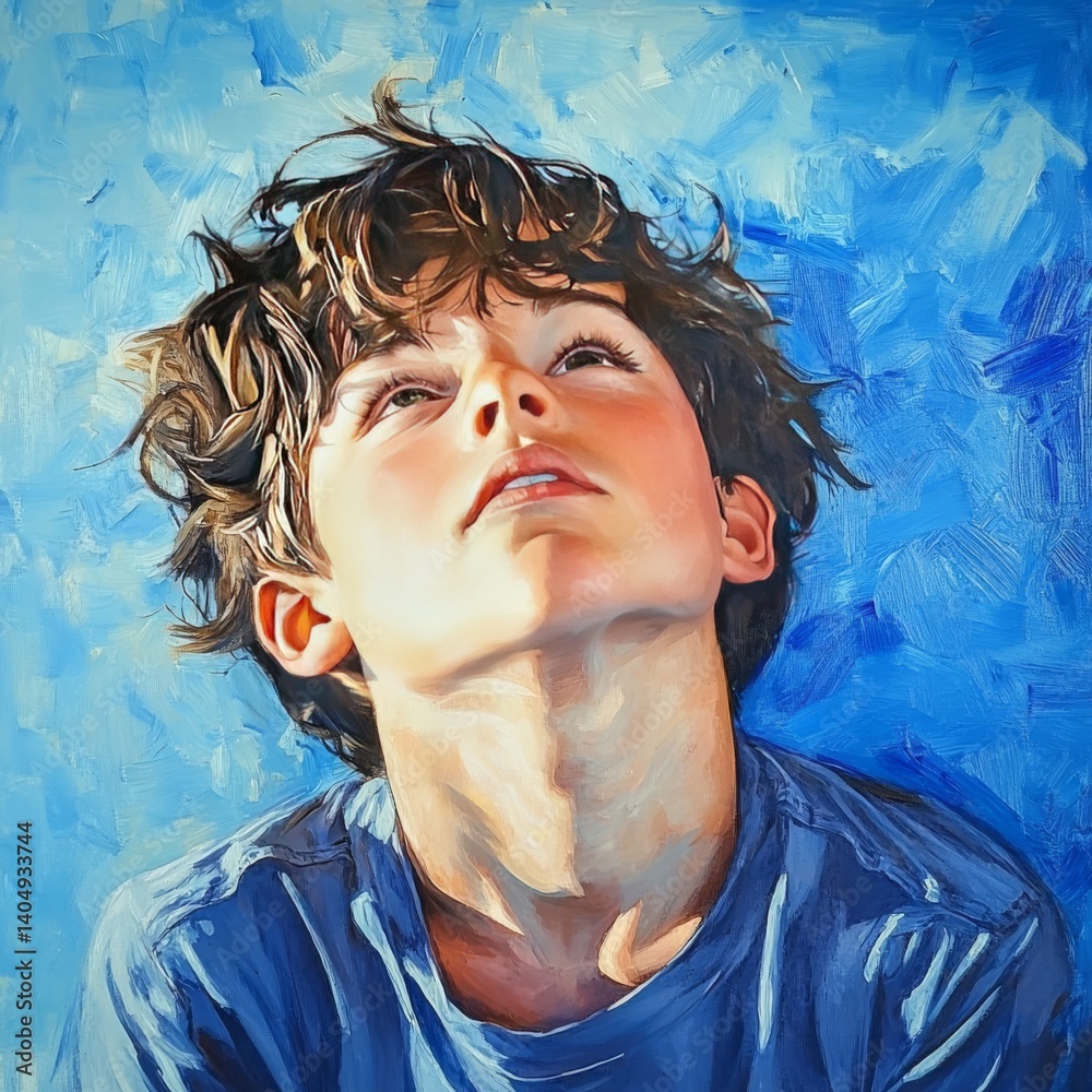 Boy's portrait shows feeling, blue.