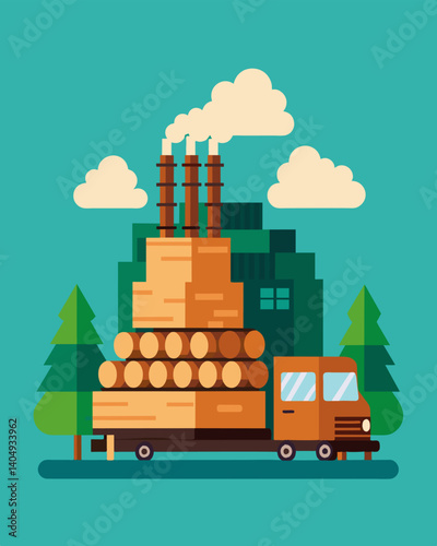Piles of logs stacked high waiting to be transported to factories for mass production.. Vector illustration